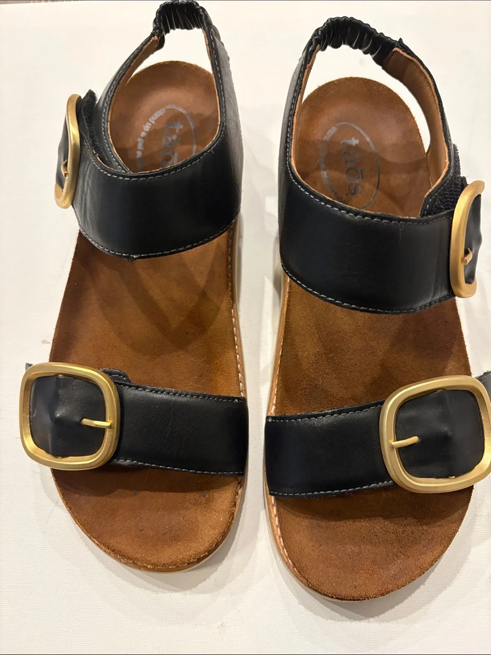 Taos On the Double Black Leather Sandals with Gold Buckles